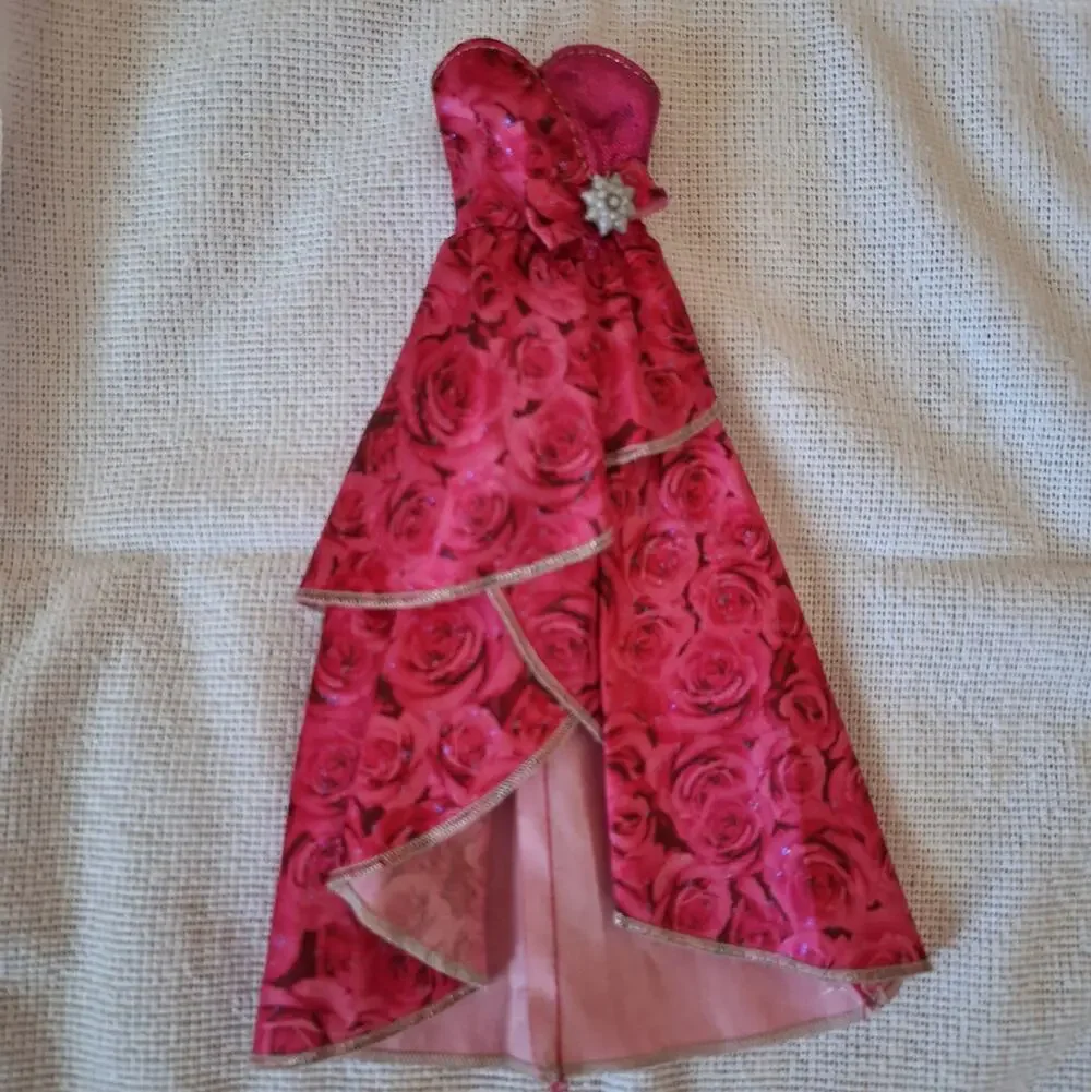 Barbie Doll Clothes Hot Pink Rose Floral High-Low Evening Gown Dress Glitter Gem